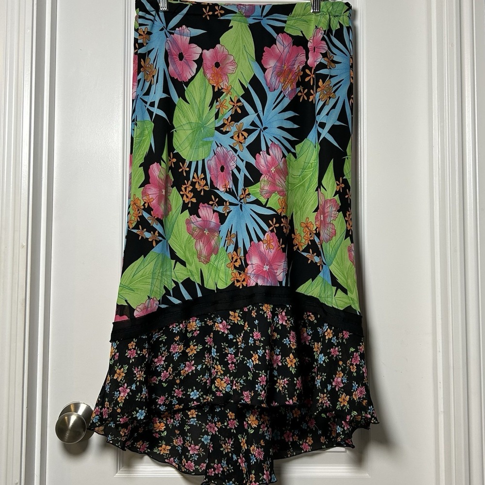 Versailles Colorful Floral Ruffle High Low Midi Skirt Vacation Resort Core Style